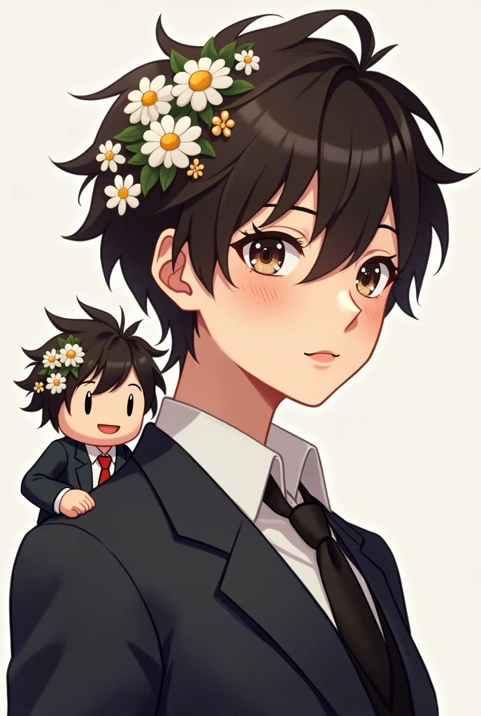 Anime boy, wear a suit, have daisies in hair, dark brown hair, have a pet roblox noob on shoulder
