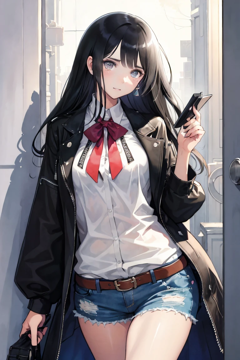 a cat woman, she has freckles, she has dark brown eyes, and an upturned nose, she is happy and smiling, she has long wavy hair, black hair, she is wearing aviator sunglasses with clear lenses in a soft watercolor style. The girl's clothes must be pink, purple, and blue in celebration of the bisexual, with stains of ink and watercolor mixing and filling the scene. There should be a subtle, nuanced change in colors using the impasto technique with gouache paint. There should be a light rain in the watercolor painting with a little watercolor paper texture and a pastel background.