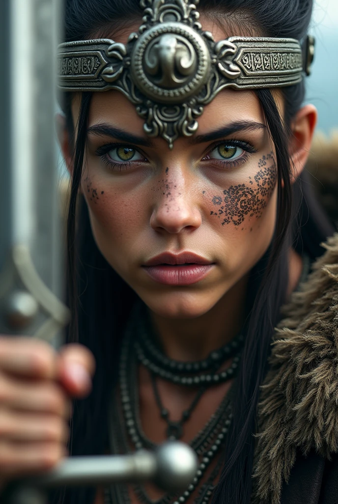Close up viking warrior with sword in hand, young woman, sword next to the face, large head ornament , necklace on the neck,  painted face, make-up