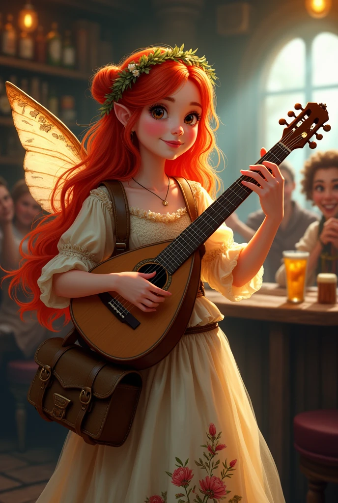 20 year old redhead fairy, eyes browns,wearing a floral medieval dress, with adventurer&#39;s bag, in a tavern while playing lute, adventurers all around smiling and drinking