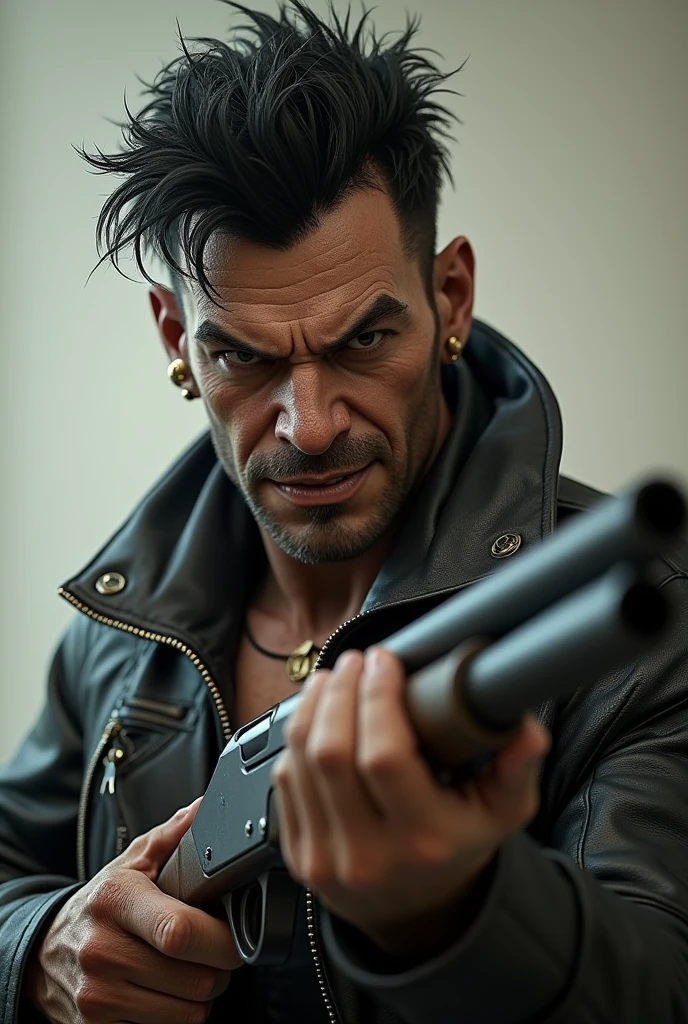 game character with realistic features: white man with an angry face; holding a triple barrel shotgun; black hair tousled with giant quiff; in his nose he has a large golden piercing; he is dressed in biker clothes; black jacket and white shirt