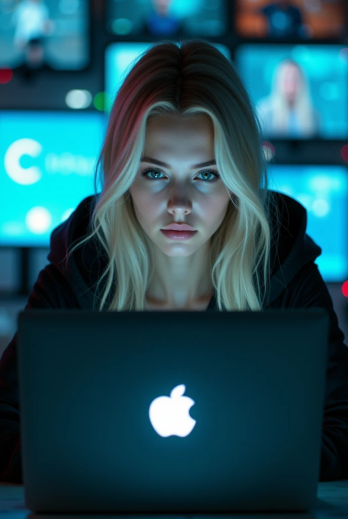 Beautiful hacker girl without sexualization. Has blonde hair, pale skin, doesn't wear glasses. Sits in front of opened laptop. Cyberpunk style