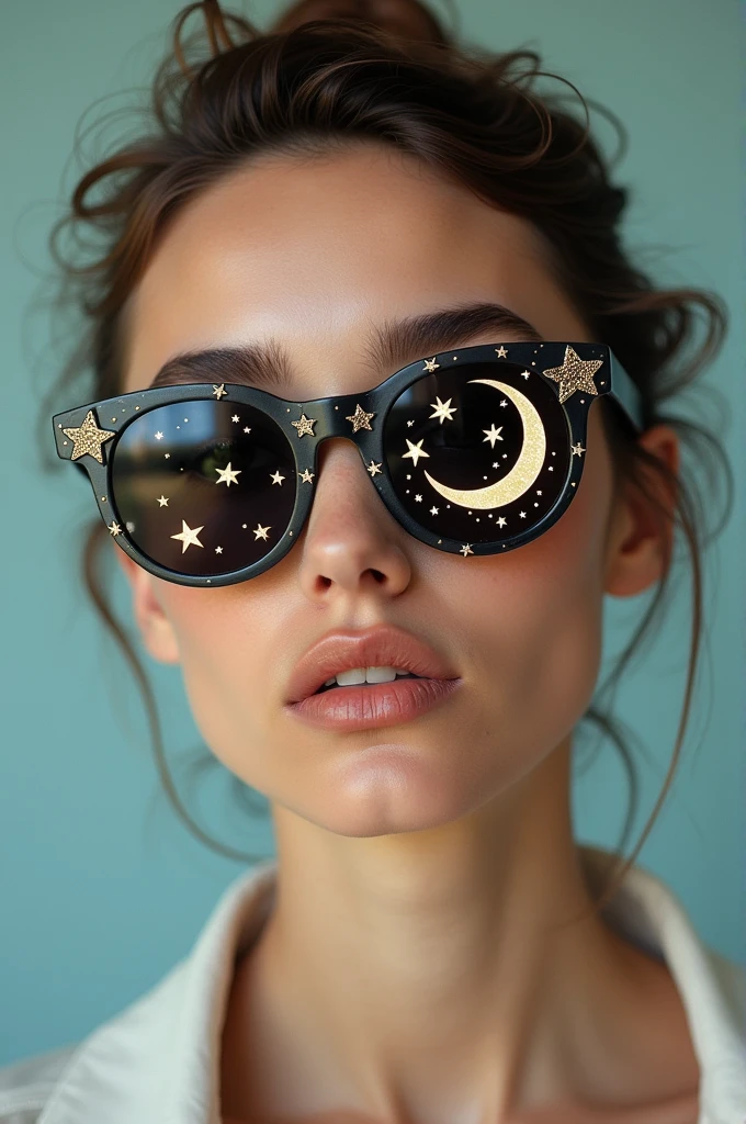 The model is wearing glass sunglasses with stars and the moon on the glass