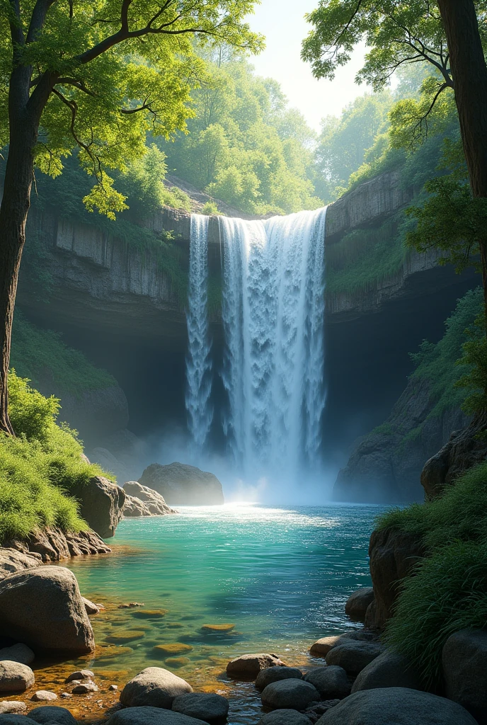 high quality, 8K Ultra HD, real waterfall with trees and stone and grass in water 

