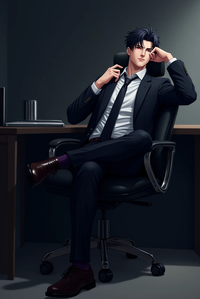 create an anime style image, There is a tall man, Muscular but not too much, White skin, black hair and sapphire red eyes, He is wearing a black suit with a tie, He is sitting on a black chair with wheels, he has his legs crossed, Her head is slightly tilted and is resting on one of her hands., The man wears a small smile of happiness on his face. The background is of an office that is dark. anime style