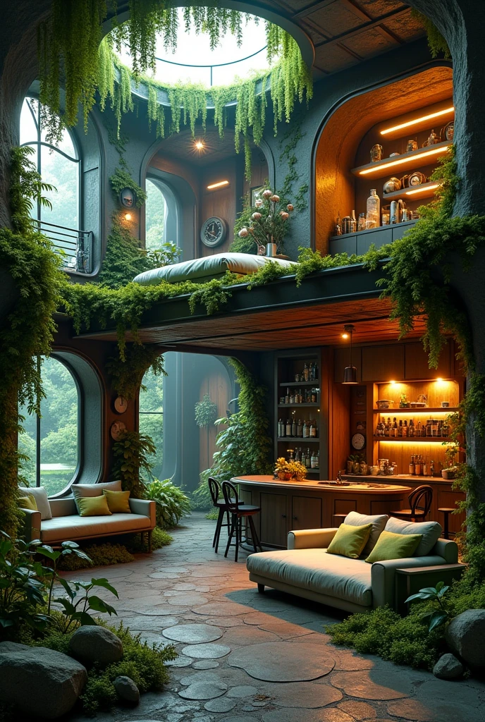 a cozy and aesthetic loft house but the interior is biopunk with lots of vines and lush
this also consists of a loft bedroom, a mini kitchen and bar, and an sunken living room
add moss and fungi everywhere
add a beautiful pond oustside of the window near the balcony
the theme are combination of biopunk, cyberpunk, industrial, and steampunk
