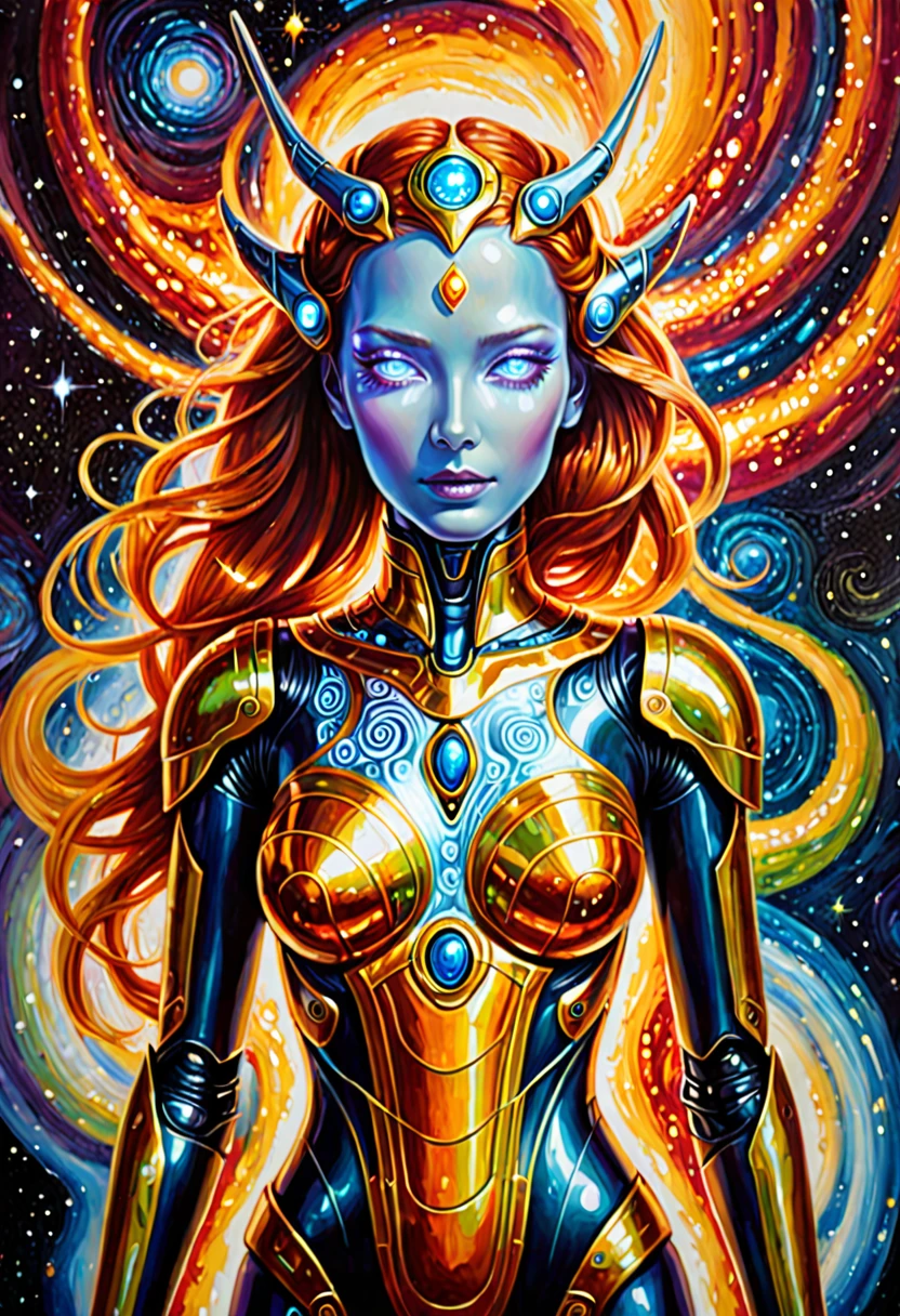 A fiery glowing android, her metallic frame intricately detailed with swirling patterns of shimmering silver and gold. The acrylic painting captures the android standing against a backdrop of swirling cosmic colors, giving off an otherworldly aura. The precision of the brushstrokes and the luminous quality of the colors make this image truly fascinating. The android's eyes seem to glow with an inner fire, as if she holds a secret from distant galaxies. His outstretched hand reaches out to the viewer, drawing them into a world of futuristic wonder. The overall effect is a stunning blend of technology and mysticism, leaving a lasting impression on those who behold it.