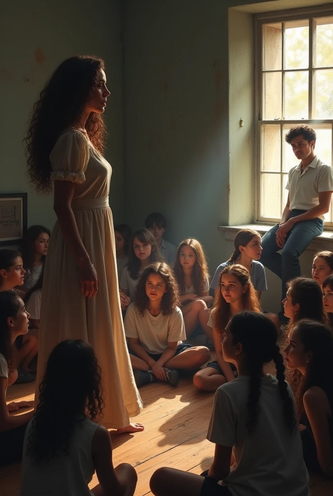 There were some young students sitting on the floor of a room, standing, facing them, they heard a brunette woman, already mature, with long curly hair, speak with authority and delicacy, this woman who stared at the young people while she spoke, wore a long dress, Near one of the windows, on the right side of the woman there was a man, leaning against one of the windows.