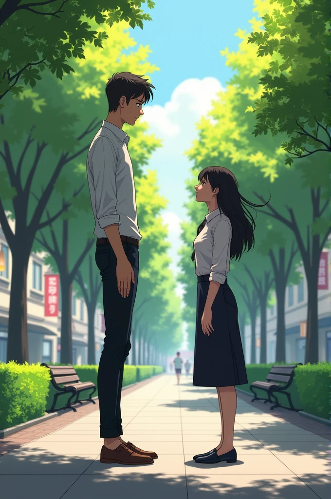 tall thin man, chubby woman in blouse and skirt, meeting for the first time in a tree-lined square.