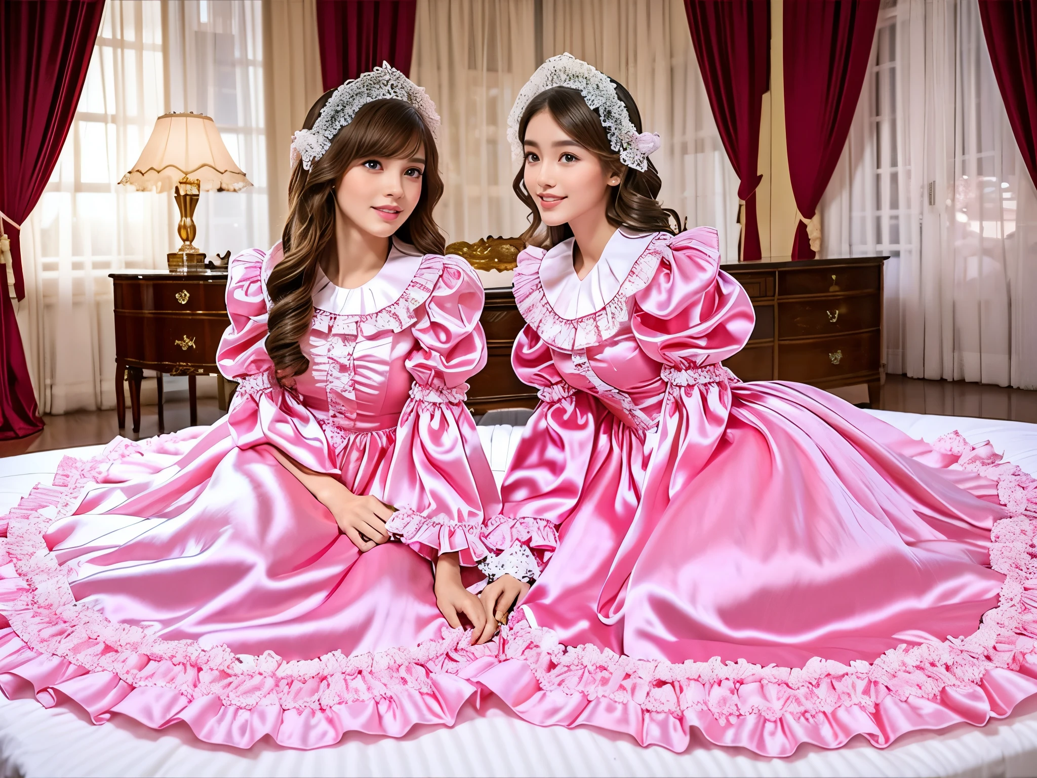 ,highest quality, masterpiece, highest resolution, artwork, super それにget used to it, many get used to it, get used to it, それにget used to it, 3k realistic pictures,,((early teenage  little girls)),Ultra-detailed juvenile face,three are princesses,full length ball gown dress with hoop skirt,ruffled yoke collar,puff sleeves,long sleeve,((Lolita style hot pink detailed princess satin dress with lots of ruffles and ribbons)),Rococo style lolita fashion,shiny satin dress,Soft and smooth fabric,luxury,long blonde hair,blue eyes,white skin european,Pajama,((in the bedroom)),luxury princess canopy frilled bed,super detailed bed,they are lying on the bed,High-quality background,