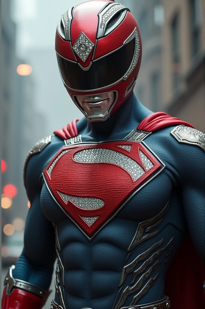 superman version power ranger ultra realism with the helmet facing forward and with diamonds on his neck and a gun in his right hand and with diamond teeth smiling