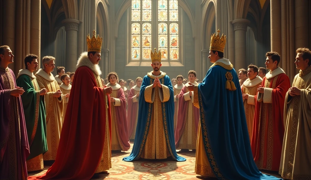 Illustrate a medieval coronation scene in the style of Edmund Blair Leighton, featuring Philip of Valois being anointed as King of France. The setting is a grand Gothic cathedral, with Philip at the center, adorned in a majestic robe of royal blue and gold. An archbishop, dressed in elaborate vestments, is performing the sacred anointing ritual, while Philip holds a serene yet resolute expression. Surrounding him are French nobles in richly detailed, vibrant medieval attire, their faces a mix of awe and formality. The scene is illuminated by the soft, golden light streaming through stained glass windows, casting a divine glow on the ceremony and emphasizing the historic significance of Philip’s ascension amidst a backdrop of intricate stonework and opulent decorations., Surrealism, Hyperrealism, UHD, retina, masterpiece, accurate, anatomically correct, textured skin, super detail, high quality, 16k