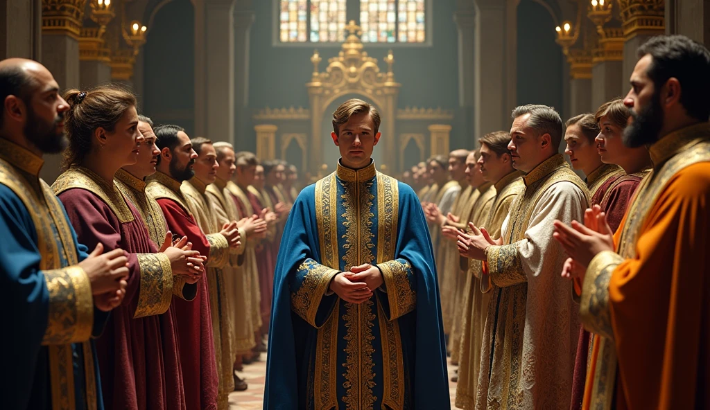 Illustrate a medieval coronation scene in the style of Edmund Blair Leighton, featuring Philip of Valois being anointed as King of France. The setting is a grand Gothic cathedral, with Philip at the center, adorned in a majestic robe of royal blue and gold. An archbishop, dressed in elaborate vestments, is performing the sacred anointing ritual, while Philip holds a serene yet resolute expression. Surrounding him are French nobles in richly detailed, vibrant medieval attire, their faces a mix of awe and formality. The scene is illuminated by the soft, golden light streaming through stained glass windows, casting a divine glow on the ceremony and emphasizing the historic significance of Philip’s ascension amidst a backdrop of intricate stonework and opulent decorations., Surrealism, Hyperrealism, UHD, retina, masterpiece, accurate, anatomically correct, textured skin, super detail, high quality, 16k