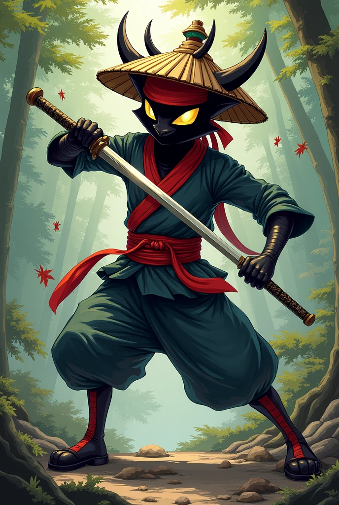 an art of a ninja fakemon, with a red headband, with an oriental hat torn at the ends, wielding a bamboo sword
