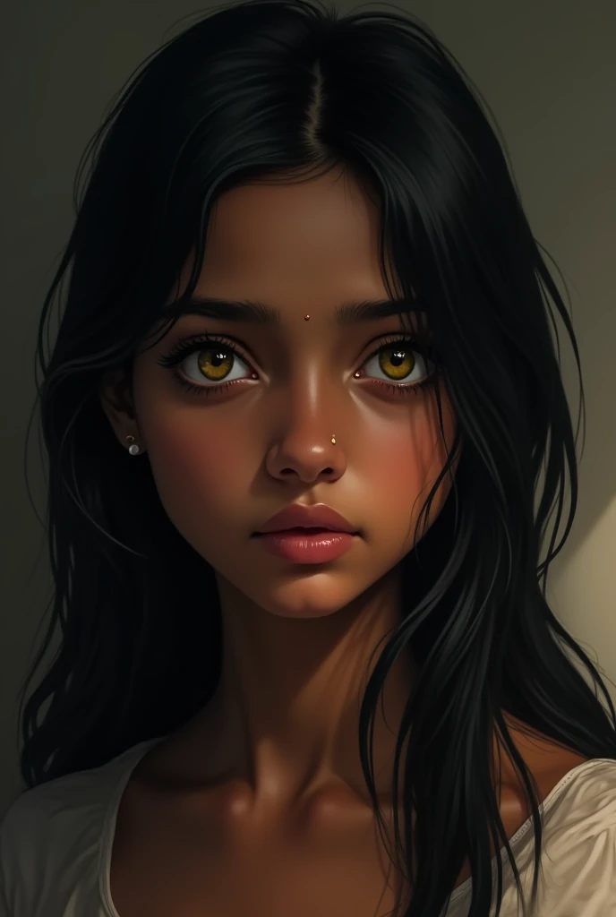 realistic  girl from india, black straight hair, Dark brown skin with light yellow eyes and a serious expression 
