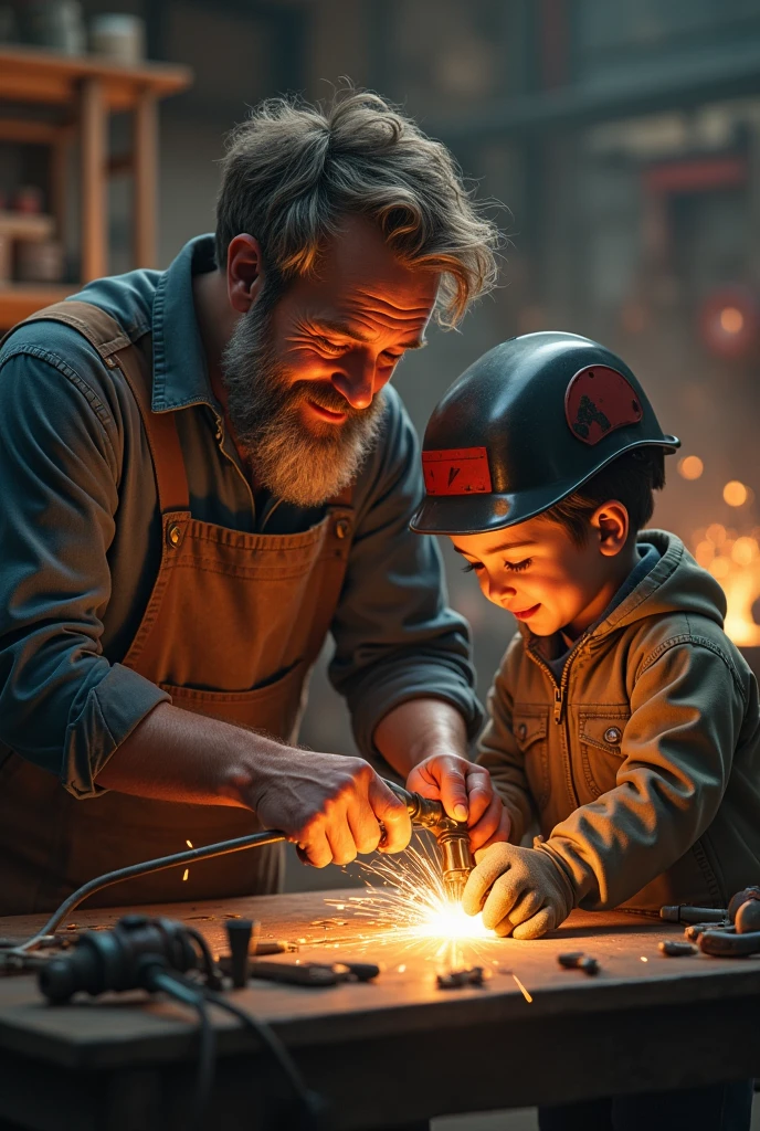 Make a photo of a welder working with his child in the workshop