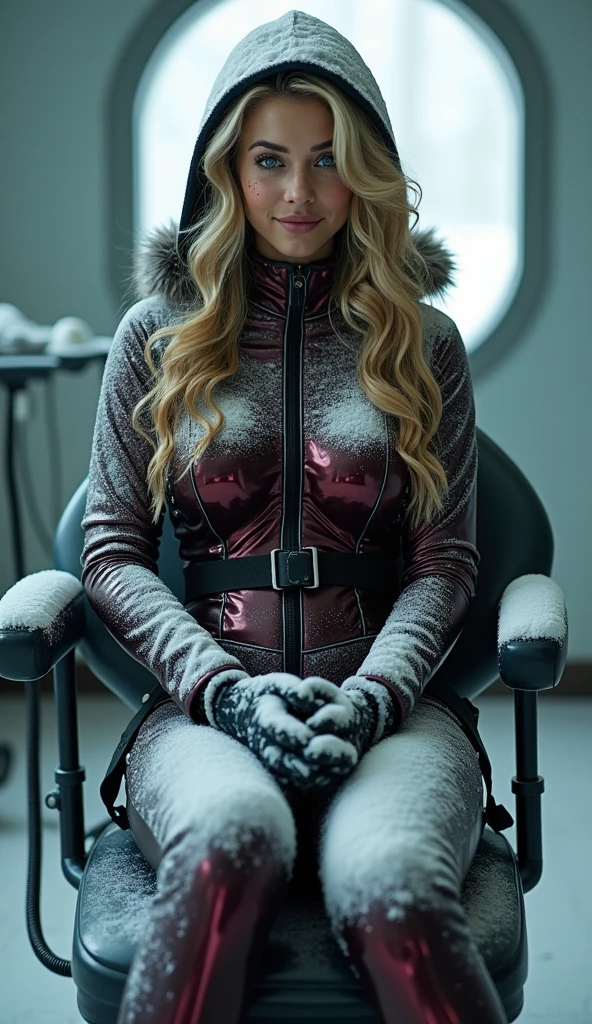 (highly detailed) Hot young tennage girl is wearing dark matte cherry winter latex suit with black elements suit is covered in snow that reflect the light of the sun she has blond wavy hair freckles and her ass is bigger her brest is big HD real photo 8K she is fit her waist is slim she is looking very young her brest is very big she wears black latex gloves she curves her ass on her waist is belt she is covered in snow her hair is covered in snow winter she has a hoodie with fur she also wears tight dark cherry climbing harness around her ass she is wearin boots witu fur her face is looking very young and thin snow is lying on every part of her suit Snow is on her ass and brest she is looking young and happy she wears hospital oxygen mask conected to pipe on her nose and mouth she is siting on a dentist chair she is hospital building her arms are tide to chair backrest she is bondage by leather straps to dentist chair