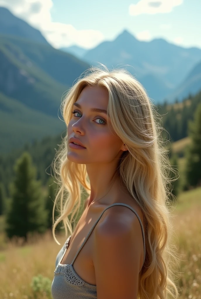 Woman listening to Elvis Presley music beautiful blonde blue eyes and with a beautiful landscape 4K