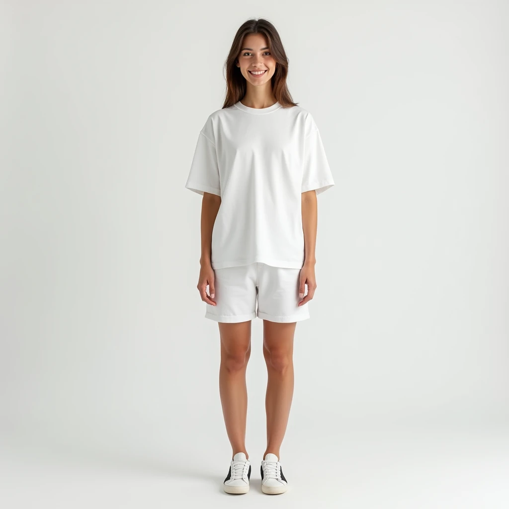 A high-resolution, smiling, front-facing image of an East European woman, wearing a plain white t-shirt, sneakers and shorts. The woman is smiling, standing straight with a relaxed posture and a neutral expression. The scene is set against a [minimalist, white-walled studio] background with [soft, diffused light]. The t-shirt is smooth, with minimal folds, ideal for overlaying designs. The image captures the entire body from head to toe, with realistic lighting and detailed textures., photorealistic, first-person view, UHD, masterpiece, anatomically correct, 4K.