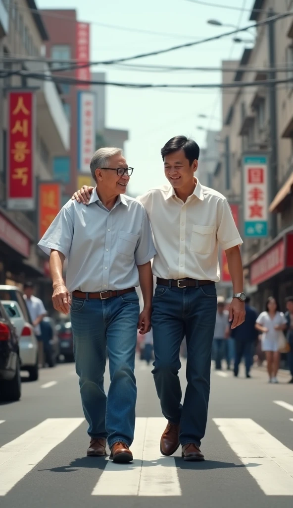 Image of a young black-haired Korean man wearing blue jeans and a white shirt helping an elderly Korean man resembling Bill Gates cross a busy Korean street