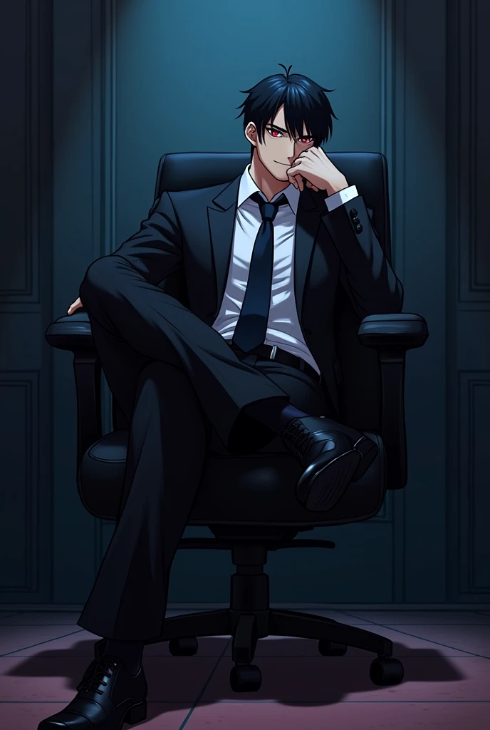 create an anime style image, There is a tall man, Muscular but not too much, White skin, black hair and sapphire red eyes, He is wearing a black suit with a tie, He is sitting on a black chair with wheels, he has his legs crossed, Her head is slightly tilted and is resting on one of her hands., The man wears a small smile of happiness on his face. The background is of an office that is dark. anime style
