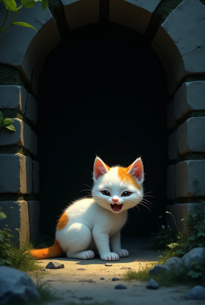 In a dark, abandoned well, a cheerful kitten with snow-white fur and orange patches sits alone at the bottom, overwhelmed by isolation. The well’s rugged, moss-covered stone walls create a stark contrast to the kitten’s bright appearance. The deep blackness of the well surrounds the kitten, with only faint light seeping from above, casting a dim glow on its fur.

The kitten, now forlorn and sobbing, is curled up in a corner, its once-bright eyes filled with tears and despair. Its joyful demeanor has faded, replaced by a profound sense of loneliness. The soft, mournful cries echo against the cold, damp walls, but the darkness swallows the sound, intensifying the kitten’s sense of abandonment. Rendered in a medieval Pixar style, the scene uses dramatic lighting and a whimsical yet somber aesthetic to highlight the emotional depth of the kitten’s solitary anguish in the dark, oppressive hole.