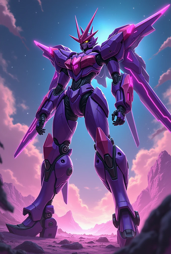 black, Fluorescent purple, anime, Giant Robot, fluid, Junmin, Mass production type, Full body image of a female super robot, Fighting with the enemy, Simple Background,universe,