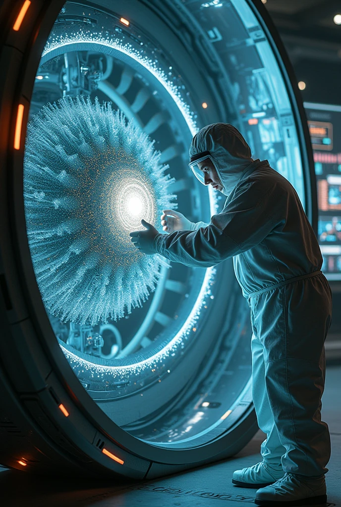 Man analyzing dyson sphere material closely