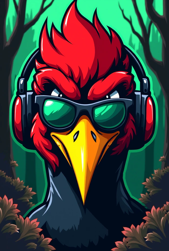 A cartoon illustration of a woodpecker's face, with an aggressive visual, wearing aviator sunglasses, e headphones, to be used as a vest patch for a forestry engineering athletic team. The feathers on the woodpecker's head should be red and black., and the long yellow beak. Place trees in the background and create an illustration with a neon balance of green and red colors.