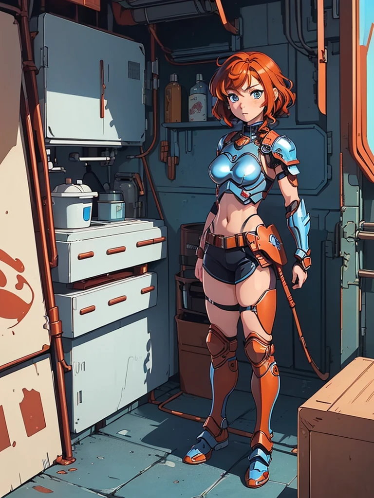 (masterpiece), (best quality), ((one girl)),(( red copper hair)),(brown eyes),short hair, curly hair, anime style, freckles, (small breast), (petite figure), legs,((blue cyberpunk armor)), ((white armor)),(blue full body armor),(almond eyes) ,( tan skin)