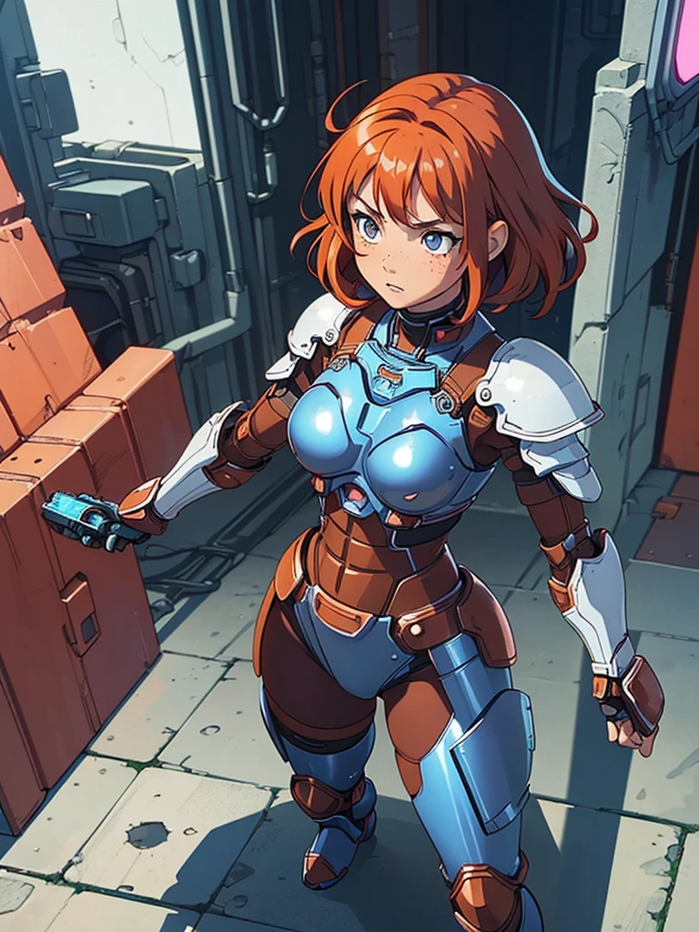 (masterpiece), (best quality), ((one girl)),(( red copper hair)),(brown eyes),short hair, curly hair, anime style, freckles, (small breast), (petite figure), legs,((blue cyberpunk armor)), ((white armor)),(blue full body armor),(almond eyes) ,( tan skin) 