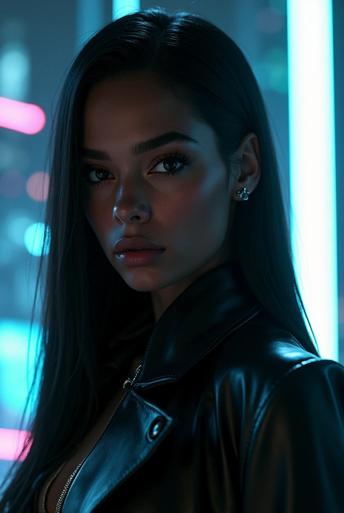 Black skin woman with straight hair cyberpunk cool