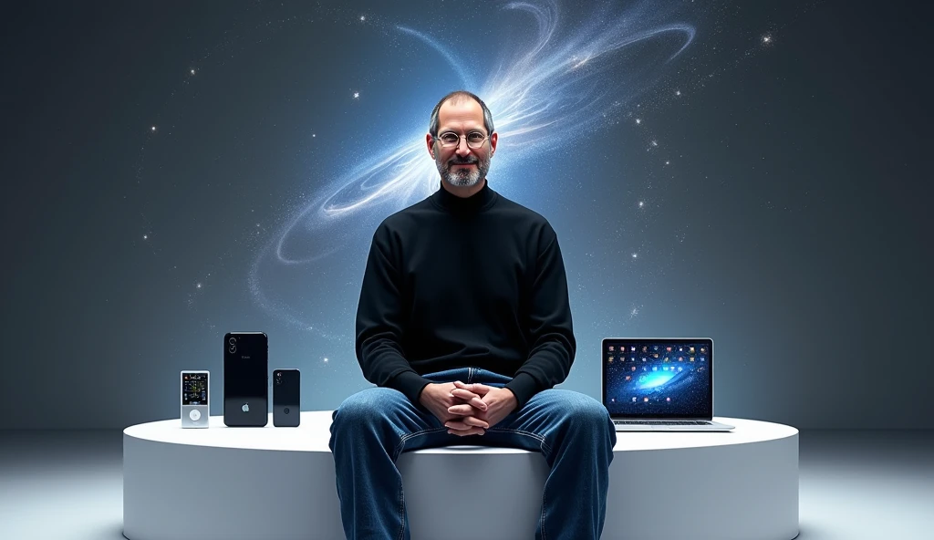 A digitally rendered portrait of Steve Jobs, capturing the essence of his visionary nature. He is seen wearing his iconic black turtleneck and blue jeans., sitting on a minimalist platform. Behind him, a timeline of Apple's evolution unfolds, with multiple devices like iPod, iPhone, and a MacBook. An aura of brightness surrounds him, with stars and spiral patterns symbolizing their creative and revolutionary impact. The image is sharp and clear, celebrating the legacy of Steve Jobs and his lasting contribution to technological advancement.