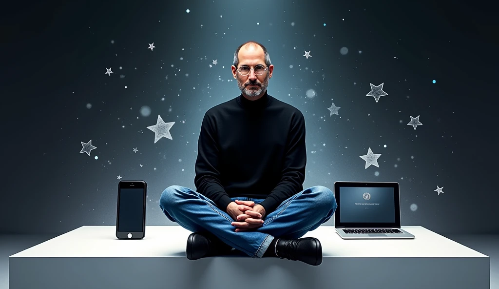 A digitally rendered portrait of Steve Jobs, capturing the essence of his visionary nature. He is seen wearing his iconic black turtleneck and blue jeans., sitting on a minimalist platform. Behind him, a timeline of Apple's evolution unfolds, with multiple devices like iPod, iPhone, and a MacBook. An aura of brightness surrounds him, with stars and spiral patterns symbolizing their creative and revolutionary impact. The image is sharp and clear, celebrating the legacy of Steve Jobs and his lasting contribution to technological advancement.