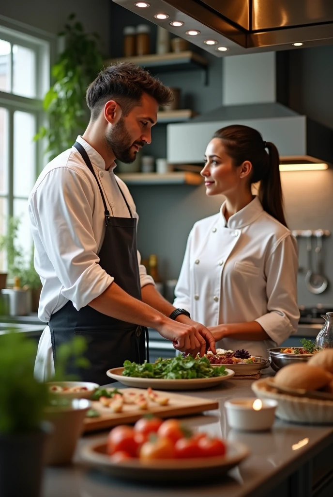 chef teaching another to cook