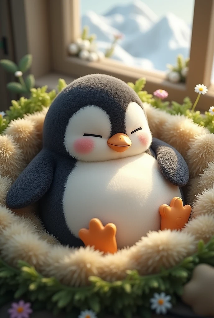 A furry penguin sleeping