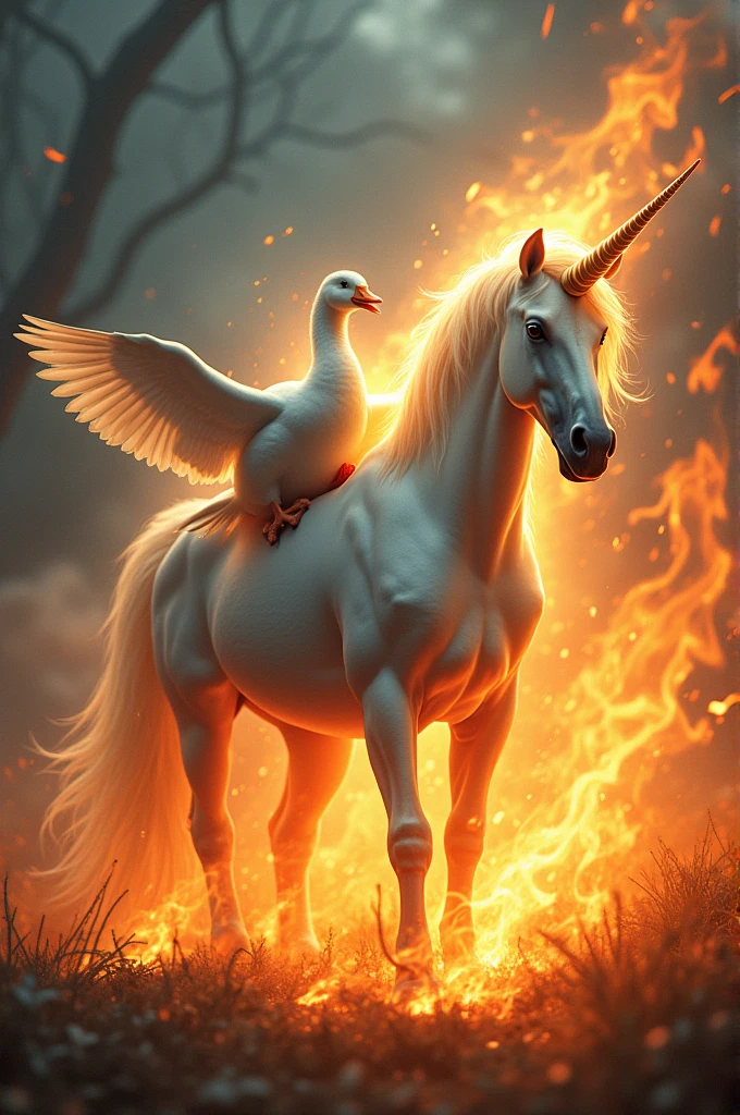 Unicorn with a goose on its back on fire 
