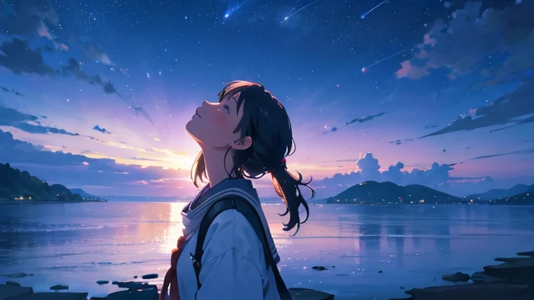 Night Sky　First Star　Emotional　Adult woman looking up at the sky　island
