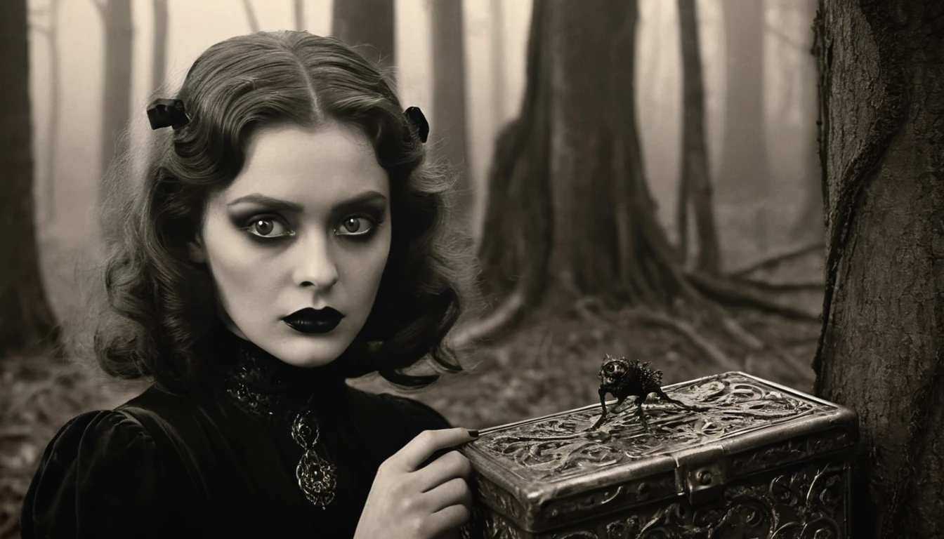 A ((very old photograph in sepia tones only, monochrome)) surreal, 1920s style image featuring, gothic-style image featuring two subjects in a dark, eerie forest with twisted, leafless trees. On the left, a young girl with pale skin, dark eye makeup, and black lipstick is dressed in a Victorian-style black dress with lace details. Her hair is styled in tight curls, adorned with a black ribbon. On the right, a creature with wrinkled, textured skin, pointed ears, and a grotesque face is dressed in tattered, dark clothing. The creature is holding a small, ornate box with intricate designs and spikes, presenting it to the girl. The overall atmosphere is haunting and mysterious, with a strong contrast between the subjects and the foggy, shadowy background. Horror, Vintage, Photorealistic, Old Science Fiction, Intricate Detail, Inspired by Fritz Lang, Directed by Fritz Lang. Retrofuturism, 1920s, old science fiction film, ((motion picture film)), ultra detailed, chiaroscuro, intricate, sharp focus, studio photography, highly detailed, photorealistic style, hyperrealistic, high dynamic range, B&W, realistic textures, 8K UHD, Nikon D 850, Kodak Portra 400, Fujifilm XT, ((3D rendering.))