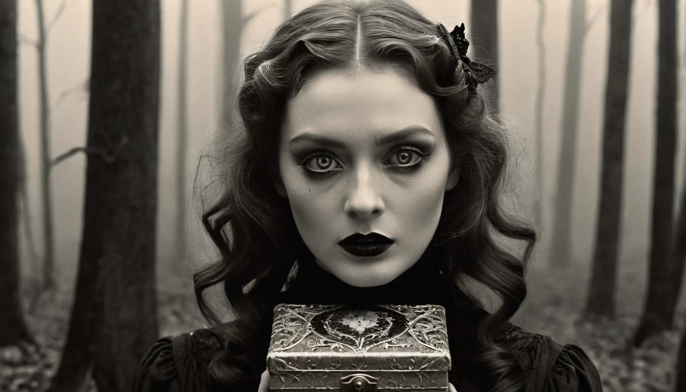 A ((very old photograph in sepia tones only, monochrome)) surreal, 1920s style image featuring, gothic-style image featuring two subjects in a dark, eerie forest with twisted, leafless trees. On the left, a young girl with pale skin, dark eye makeup, and black lipstick is dressed in a Victorian-style black dress with lace details. Her hair is styled in tight curls, adorned with a black ribbon. On the right, a creature with wrinkled, textured skin, pointed ears, and a grotesque face is dressed in tattered, dark clothing. The creature is holding a small, ornate box with intricate designs and spikes, presenting it to the girl. The overall atmosphere is haunting and mysterious, with a strong contrast between the subjects and the foggy, shadowy background. Horror, Vintage, Photorealistic, Old Science Fiction, Intricate Detail, Inspired by Fritz Lang, Directed by Fritz Lang. Retrofuturism, 1920s, old science fiction film, ((motion picture film)), ultra detailed, chiaroscuro, intricate, sharp focus, studio photography, highly detailed, photorealistic style, hyperrealistic, high dynamic range, B&W, realistic textures, 8K UHD, Nikon D 850, Kodak Portra 400, Fujifilm XT, ((3D rendering.))