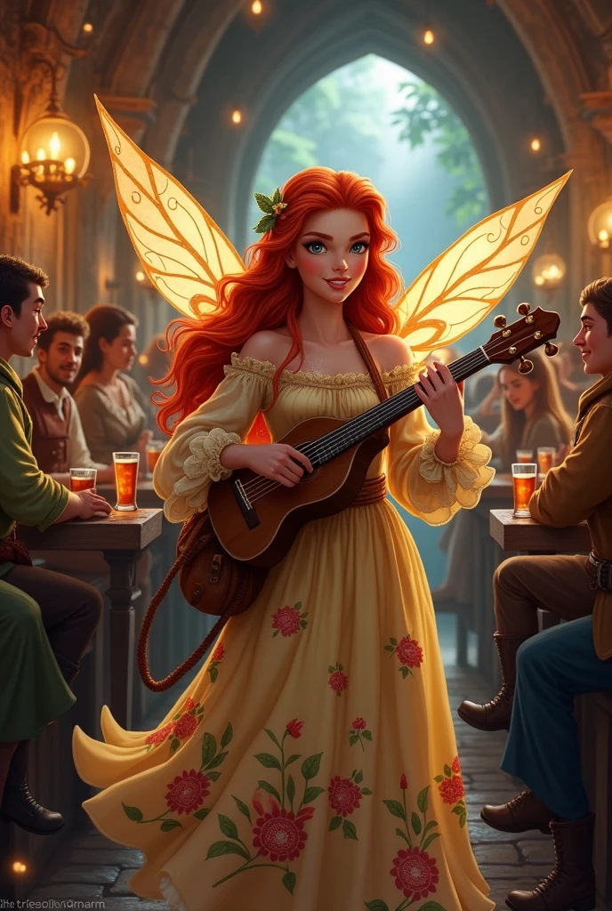 20 year old redhead fairy, eyes browns,wearing a floral medieval dress, with adventurer's bag, in a tavern while playing lute, adventurers all around smiling and drinking