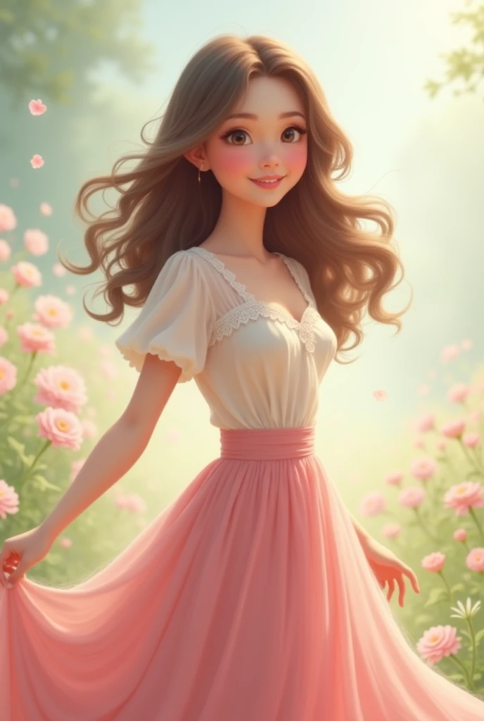   who looks like a  in a pink skirt and blouse 
