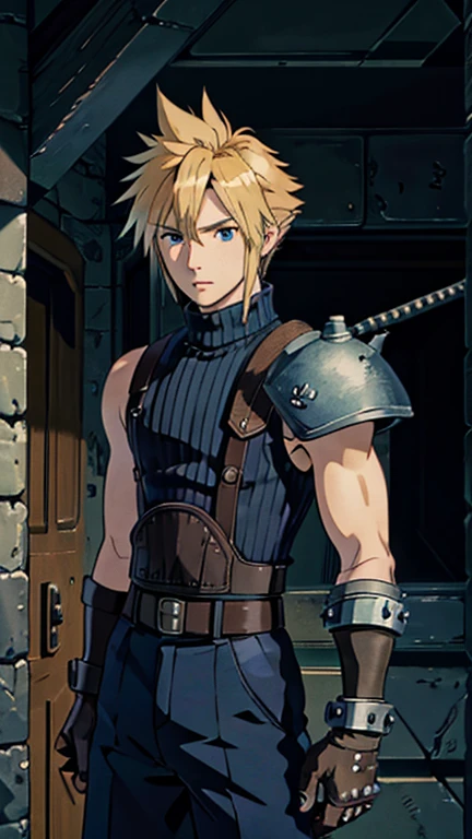 (1man, cloud strife), (extremely detailed CG unit 8k wallpaper),(master part), (best quality), (ultra detail), (best illustration),(ghibli style), cowboy shot, (Sharp eyeliner, ombre, detailed eyes:1), dark AlienCorridor background, ,break , upper body, shoulder armor, sleeveless turtleneck, suspenders, belt, baggy pants, gloves, bracer,