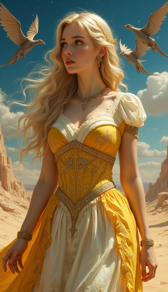 fantasy book cover full body landscape portrait, a (golden blonde maiden), curvy, golden gold bright eyes, large busted and round faced, plump, intricate modest gold yellow white gown, medieval fantasy desert landscape, astral blue stars, sun, dragons, realistic face, Carne Griffiths, Michael Garmash, Frank Frazetta, Victo Ngai, Alphonse Mucha, Detailed, Vibrant, Sharp Focus, Character Design, Wlop, Kuvshinov, TXAA, 32k, Highly Detailed, Dynamic Pose, Intricate Motifs, Organic Tracery, Perfect Composition, Digital Painting, Artstation, Smooth, Sharp Focus, Illustration, hyperdetailed,