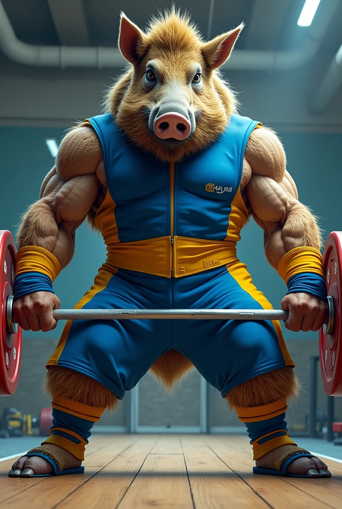 A boar dressed in blue and yellow lifting Olympic weights performing a jerk