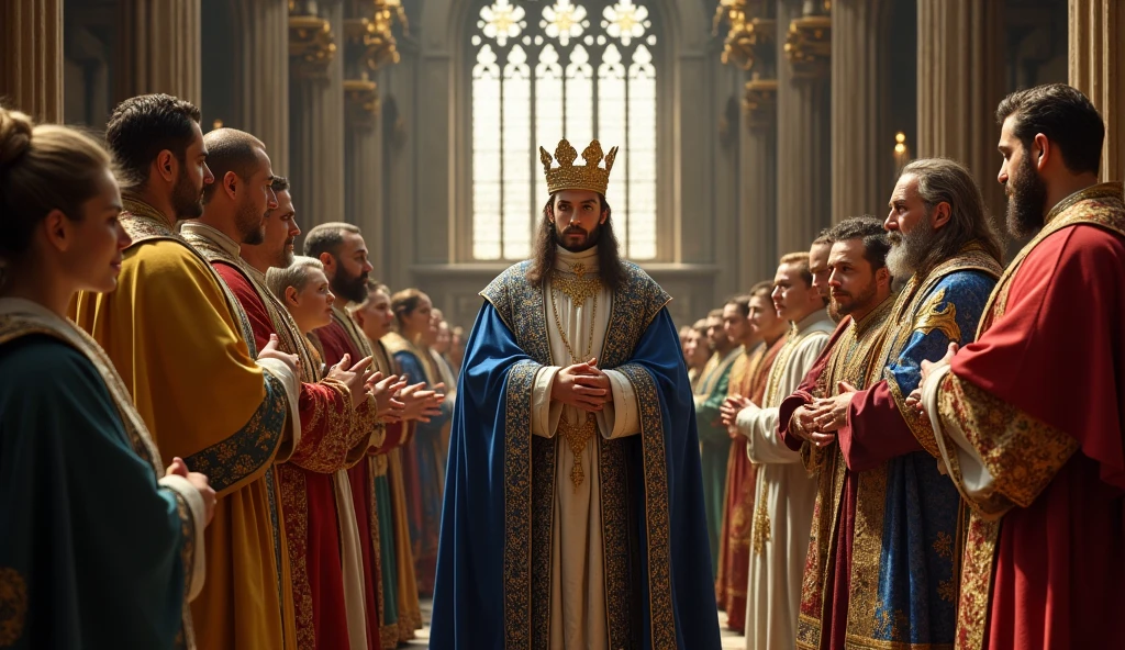 Illustrate a medieval coronation scene in the style of Edmund Blair Leighton, featuring Philip of Valois being anointed as King of France. The setting is a grand Gothic cathedral, with Philip at the center, adorned in a majestic robe of royal blue and gold. An archbishop, dressed in elaborate vestments, is performing the sacred anointing ritual, while Philip holds a serene yet resolute expression. Surrounding him are French nobles in richly detailed, vibrant medieval attire, their faces a mix of awe and formality. The scene is illuminated by the soft, golden light streaming through stained glass windows, casting a divine glow on the ceremony and emphasizing the historic significance of Philip’s ascension amidst a backdrop of intricate stonework and opulent decorations., Surrealism, Hyperrealism, UHD, retina, masterpiece, accurate, anatomically correct, textured skin, super detail, high quality, 16k