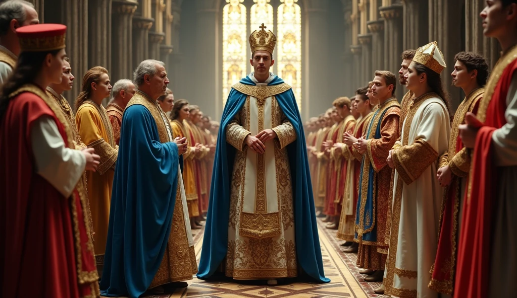 Illustrate a medieval coronation scene in the style of Edmund Blair Leighton, featuring Philip of Valois being anointed as King of France. The setting is a grand Gothic cathedral, with Philip at the center, adorned in a majestic robe of royal blue and gold. An archbishop, dressed in elaborate vestments, is performing the sacred anointing ritual, while Philip holds a serene yet resolute expression. Surrounding him are French nobles in richly detailed, vibrant medieval attire, their faces a mix of awe and formality. The scene is illuminated by the soft, golden light streaming through stained glass windows, casting a divine glow on the ceremony and emphasizing the historic significance of Philip’s ascension amidst a backdrop of intricate stonework and opulent decorations., Surrealism, Hyperrealism, UHD, retina, masterpiece, accurate, anatomically correct, textured skin, super detail, high quality, 16k