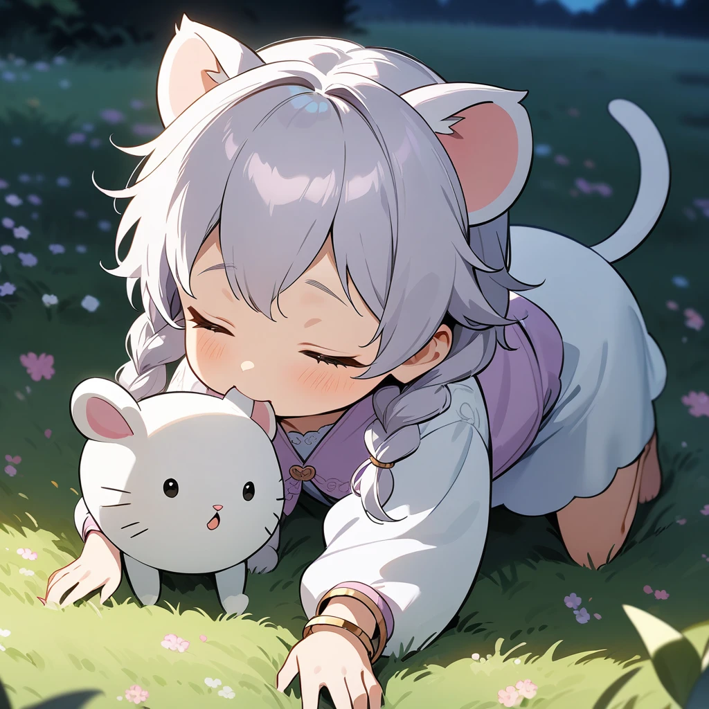 Crawling, closed eyes, tail, bracelets, full body, solo, 1girl, outdoors, ((an extremely delicate and beautiful)). ((masterpiece)), (best quality), (best illustration), (best illumination), anime style, young, very young, baby girl, playing like kitty, biting plush toy, Cute, little predator, low twin braids, twin braids, white tiger ears, white tiger tail, cub, little princess, baby clothes, plush mouse, lilac clothes. 