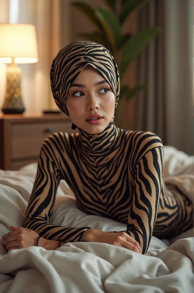 The most beautiful,thin,most pretty and clever Malaysian muslimah adult girl wears zebra print lycra turtleneck unitard catsuit covered with many stripes.She always wear zebra print lycra dancewear stretchy square hijab covered with many stripes.She sleeps on the bed like a catnap.