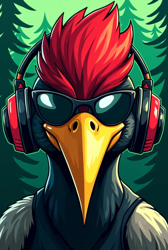 A cartoon illustration of a woodpecker's face, with an aggressive visual, wearing aviator sunglasses, without showing their eyes, e headphones, to be used as a vest patch for a forestry engineering athletic team. The feathers on the woodpecker&#39;s head should be red and black., and the long yellow beak. Place trees in the background and create an illustration with a neon balance of green and red colors. 
